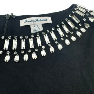 TOMMY BAHAMA Womens Large Black Silver Darcy Ponte Knit Beaded Embellished Dress